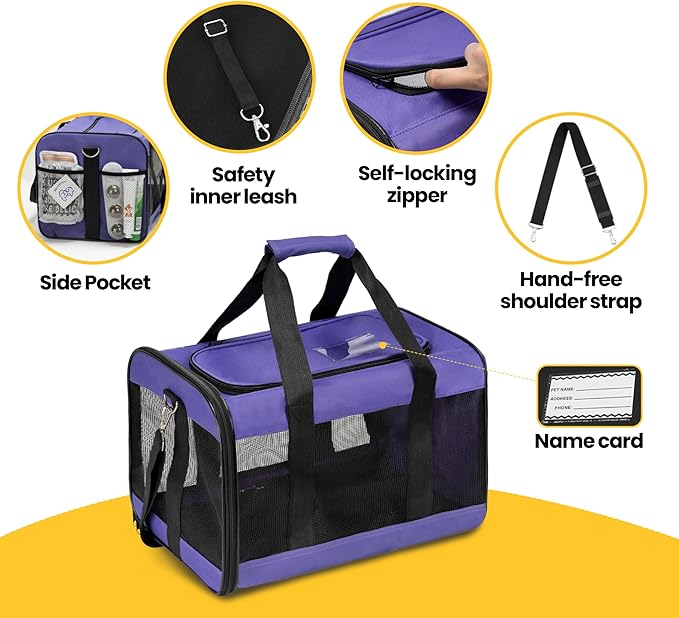 Conlun Cat Carrier Airline Approved, Soft-Sided Dog Carrier with Inner Safety Leash, Pet Transport Carrier for Small-Medium Cats Puppies up to 15 Lbs, Collapsible Travel Kitten Carrier Bag -Purple M