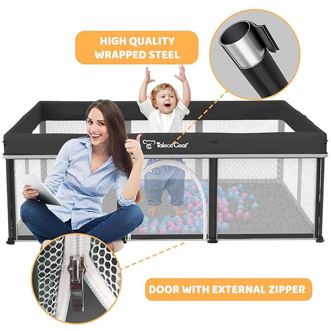Taleco Gear Foldable Baby Play Pen with Mat, 50''x71'' Playpen for Babies and Toddlers, Playpen for Baby with Gate, Breathable,Foldable Travel Play Pen with 50 Ocean Balls