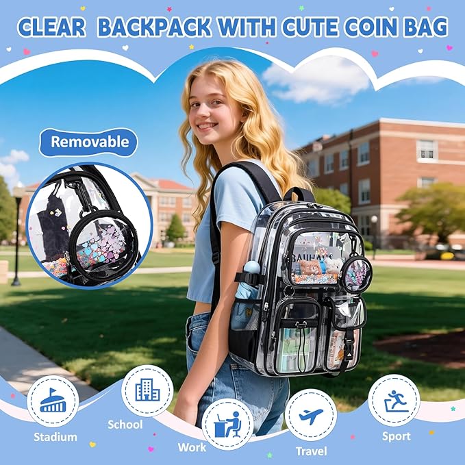 Clear Backpacks for Stadium Events Heavy Duty Clear Bookbag for School Girls Transparent Back Pack