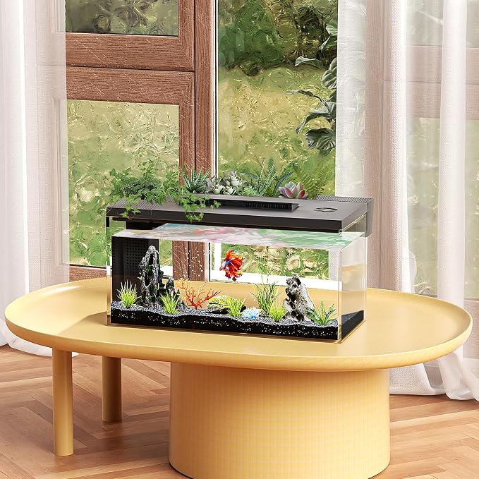 ERAARK 3.7 Gallon Betta Fish Tank self Cleaning,Smart Aquarium Aquarium kit with Filter Light Water Pump (Black)