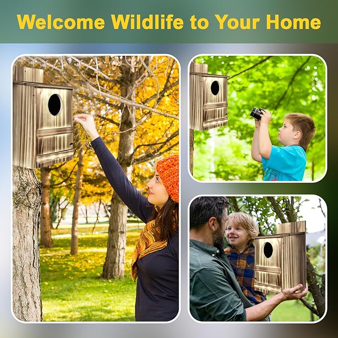 2 Pack Round Owl Houses, Bird Houses for Outside, Wooden Owl Nest Box Large Opening Screech Outdoor Bird's Box, for Wildlife Screech, Barred, Great Horned, Barn Owls, Assembly Required