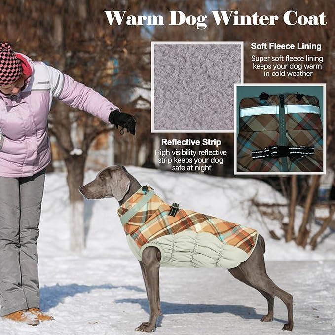 Lelepet Warm Dog Winter Coat Dog Coats for Medium Dogs Waterproof Dogs Jacket with Harness Built in Reflective Cold Weather Coats Windproof Zip-Up Winter Fleece Vest Snowsuit Dachshund Brown Plaid