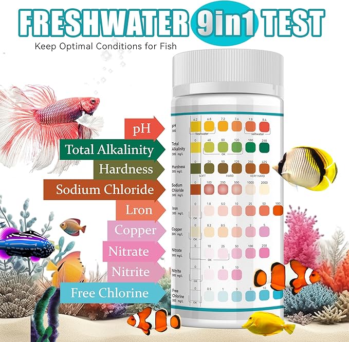 9-Way Aquarium Test Strips,50 Strips Aquarium Test Kit for Fish Tanks & Ponds, Quick & Accurate Water Testing Iron Copper Sodium Chlorine Nitrate Nitrite Total Alkalinity Hardness Free Chlorine pH