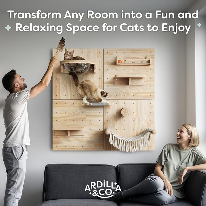 Ardilla & Co. Cat Wall Furniture – Wall-Mounted Modular Wooden Boards with 7 Moveable Accessories, Cat Wall Shelves, Hammock, Climber Steps, Perches, Walkways, Toy & Acrylic Bowl!
