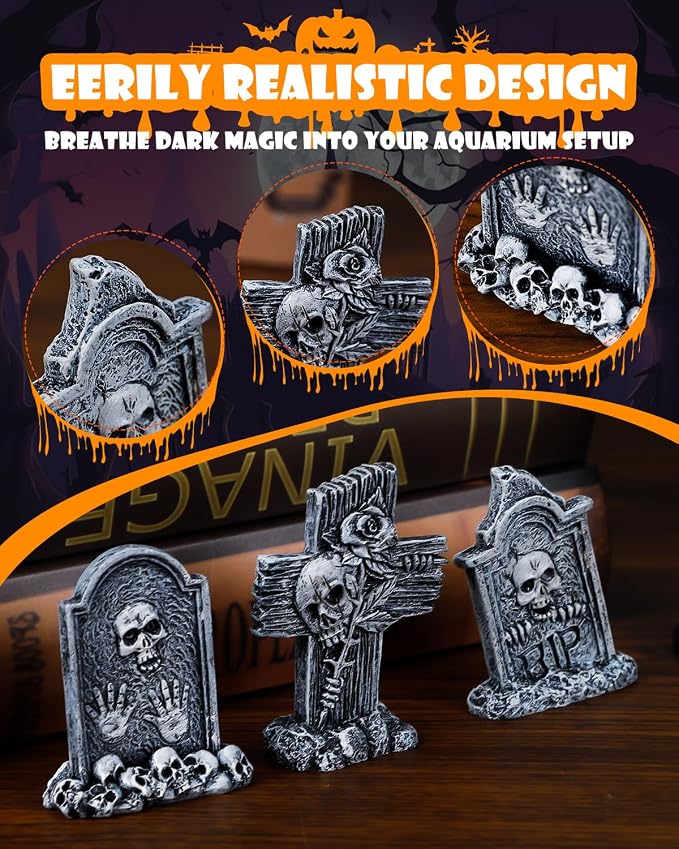 Uniclife 3 Pcs Halloween Miniature Tombstones Decorations, Halloween Fish Tank Decor, Resin Mini Tombstones Figurines, RIP Cross Skull Graveyard Gravestones, Small Spooky Town Village Accessories
