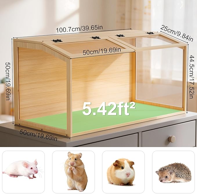 Hamster Cage: Wooden Small Animal Cage with Warm Light - 40Inch Extra Large Clear Hamster House Chewy Proof with Two Openable Breathable Top