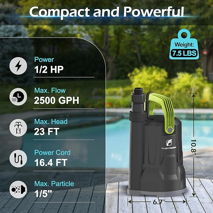 FLUENTPOWER Sump Pump, 1/2HP Submersible Water Pump, 2500GPH Utility Pump Manual Control for Swimming Pool Garden Pond Basement Draining, with 16.4Ft Cord, Adapters, Check Valve and Rope