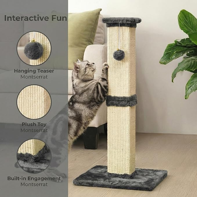 32" Tall Cat Scratching Post, Cat Scratcher with Heavy Duty Thick Wood Base, Cat Tower with Natural Sisal Rope and Hanging Ball, Plant-Like Design Scratching Post, for Small and Adult Kittens, Grey