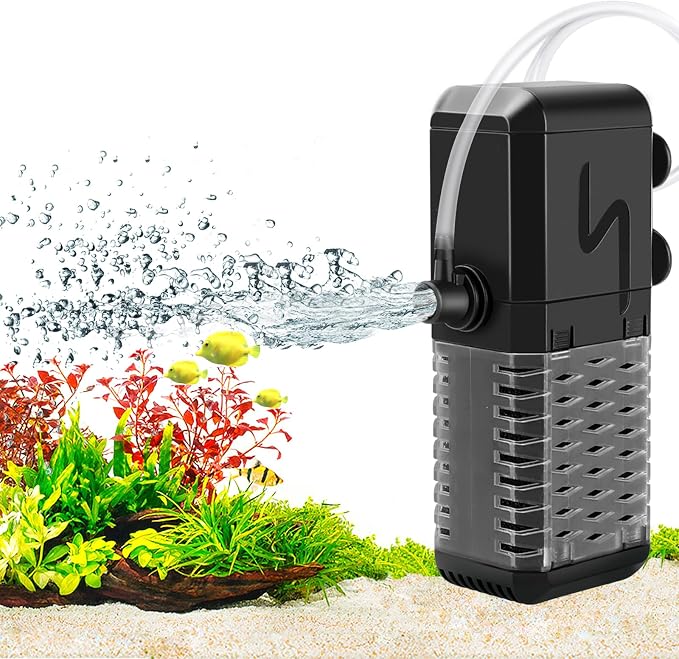 AQQA Submersible Aquarium Filter, Adjustable Flow with Aeration System | Ultra Quiet, Biochemical Sponge Filtration, Fish Tank Filter Built-in Rainfall Aerator, Fits Tanks Up to 50 Gallon,158GPH
