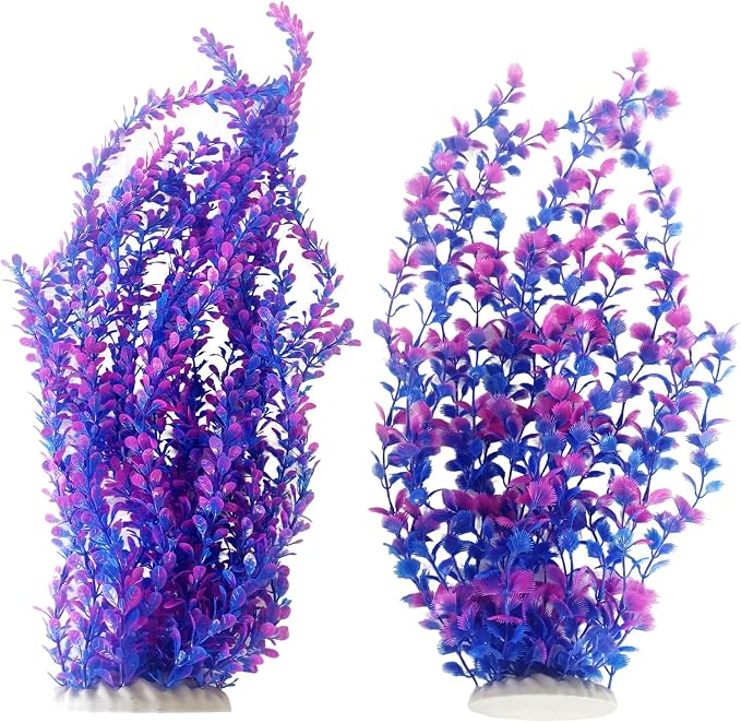 2 PCS Artificial Plants for Aquarium,23" Tall Fish Tank Plant Decor | Large Freshwater & Saltwater Lifelike Soft Plastic Plant Fish Tank Accessories with Stable Base(Purple)