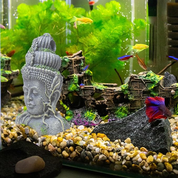 Hamiledyi Buddha Head Statue Aquarium Decorations Resin Fish Hideout Betta Cave for Large Fish Tank Ornaments Betta Sleep Rest Hide Play Breed(Small Size)
