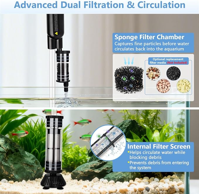 AQQA Upgraded DC 18W Electric Aquarium Vacuum Gravel Cleaner | Anti-Clog Pre-Filter Design, 7-in-1 Multifunctional, Dirt Removal, Water Change, Sand Washing, Turtle Shower