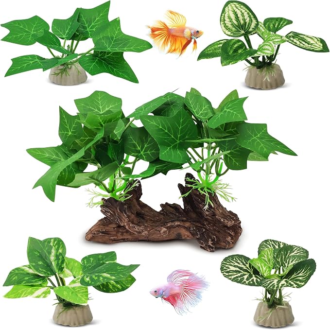 GOZILLA Silk Fish Tank Plants,Reptile Artificial Plant,Reptile Plants for Terrarium,Aquarium Decorations Accessories Set,Resin Driftwood Artificial Silk Aquarium Plant for Fish Tank.(5PCS/C-Set)