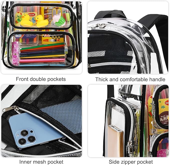 CAMTOP Clear Backpack Heavy Duty Clear Bag for Stadium Events See Through BookBag for Student School Work Festival Sport Travel (Black)