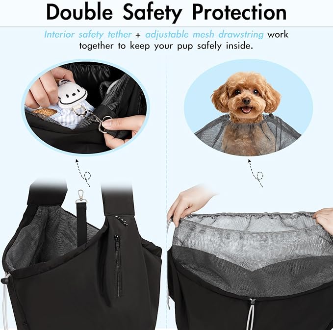 Dog Carrier Sling, Dog Carriers for Small Dogs & Cats with Pockets, Puppy Carrier Sling 20 lbs Machine Washable, Adjustable Shoulder Strap, Hands Free for Family Outdoor Use (Black)