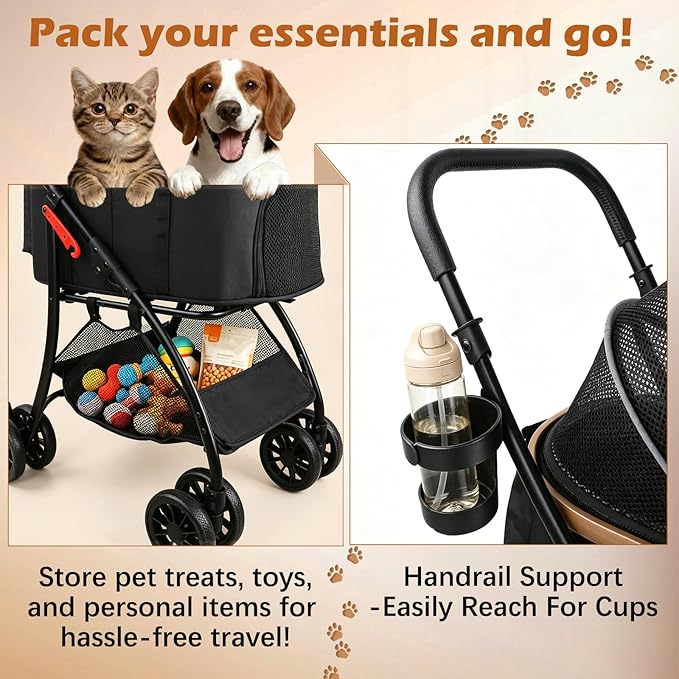 Pet Stroller for Small Medium Dogs & Cats – 3-in-1 Detachable Carrier, Zipperless Entry, Lightweight Folding Travel Stroller with Storage Basket, Cup Holder, Gray