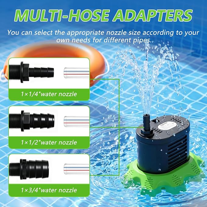 Pool Cover Pump Above Ground, 850 GPH Submersible Sump Pump for Pool Drain | 16FT Drain Hose, 25FT Power Cord, 3 Adapters, Safety and Sturdy, Powerful Water Removal for Pool Cover and Above Ground Pool