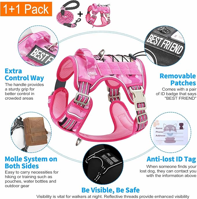Beebiepet Heavy Duty Tactical Dog Harness for Medium Dogs, No Pull Adjustable Pet Harness Reflective Service Training Easy Control Pet Vest Military K9 Working Dog Harnesses- Medium, Pink Camo