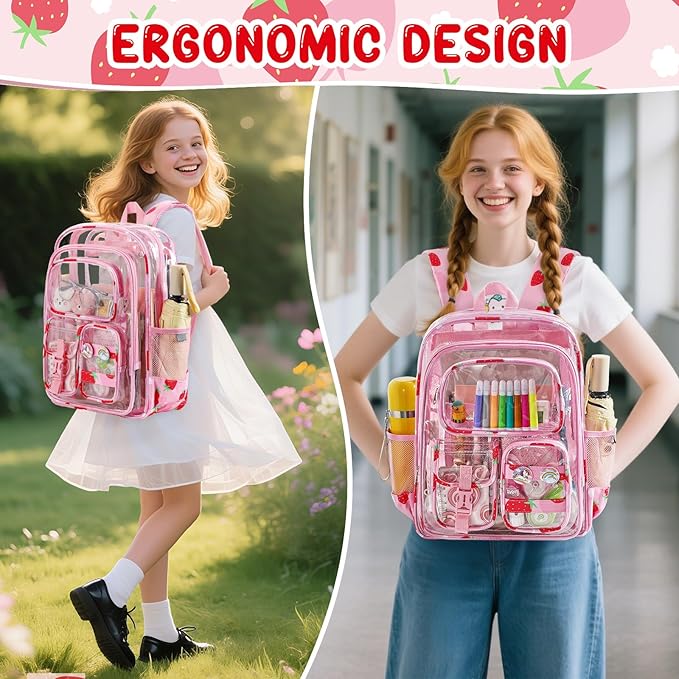 Clear Backpack for Kids, Strawberry Backpack for Girls, Water-Resistant See Through Bookbag with Chest Strap for Preschool Kindergarten College Travel Stadium Work Concert