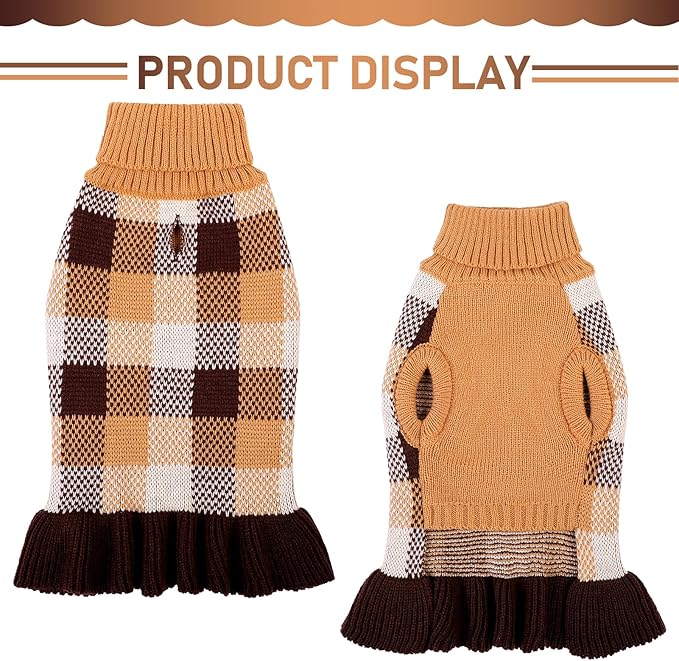 Dog Sweater Dress Plaid Knitwear for Small Medium Dogs Warm Puppy Pet Turtleneck Stretch Pullover Cute Fall Winter Vest Clothes with Leash Hole for Christmas (Coffee, 2XS)