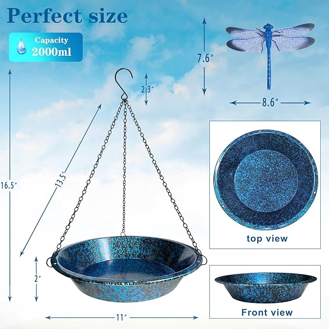Hanging Bird Bath for Outdoors 11.4 inch Birdbath Bowl Window Birds Feeder with Rust-Proof Black Chains Hooks Metal Hanging BirdBaths Hanging Bird-Feeder for Garden Backyard Decor Blueblack