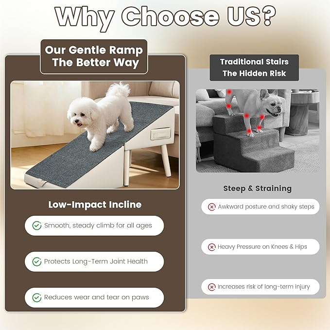 Dog Ramp for Couch and Bed, 17" H Stairs for Small to Medium Dogs and Cats Foldable Steps for Pets to Get on High Bed, Non-Slip Sturdy Ottoman Ramp with Storage Drawer, Brown