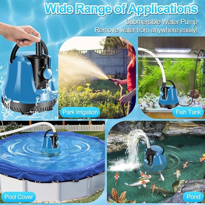 Submersible Water Pump,Adjustable Flow Sump Pump,Water Removal Pump | Electric Pool Cover Pump Above Ground,Portable Water Pump for Pool Draining with 10ft Drainage Hose,3 Adapters,950GPH