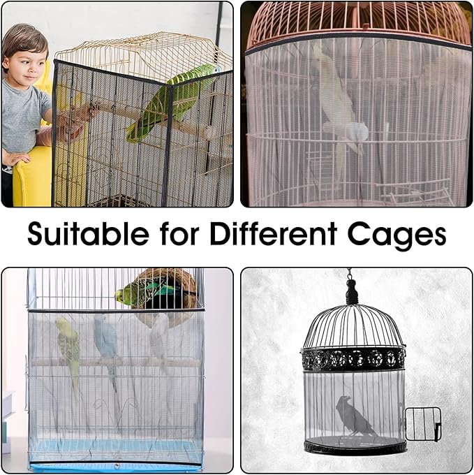Nogeqi 2PCS Bird Cage Seed Catcher, Nylon Adjustable Elastic Bird Cage Net Cover Skirt Guard, Universal Birdcage Accessories for Parrot Canary Parakeet Cockatiel Budgie Quail (Black, White)