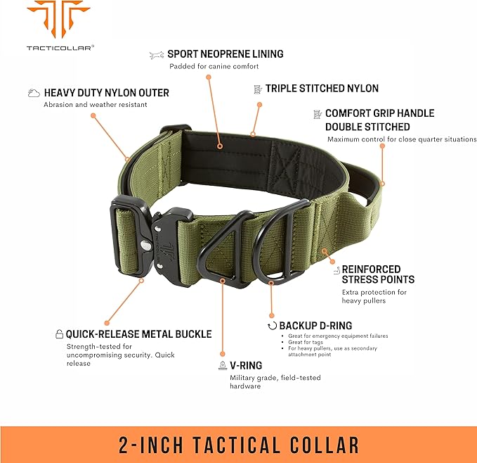 Tacticollar - 2 inch Tactical Dog Collar with Handle for Medium and Large Dogs, Mil Spec Nylon Collar, Quick-Release Metal Buckle, Neoprene Padded Inside (Medium, Olive Green)