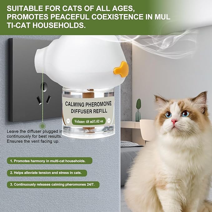 Cat Calming Diffuser, 4-in-1 Pheromone Refills for Anxious Cats, 120-Day Continuous Stress Relief for Multi-Cat Harmony