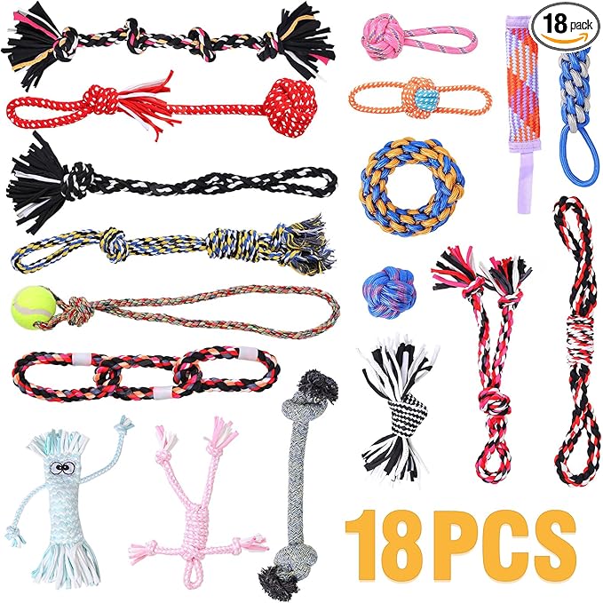 Dog Rope Toys for Small-Medium Dogs. 18 Pack for Teeth Cleaning, Chewing, Training Balls and Squeaky Toys. Best for Entertainment, Interaction,Tug of War Indoor and Outdoor.