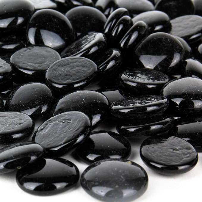 CYS EXCEL X-Large 1.1"-1.35" Black Glass Flat Gemstone Vase Fillers (1 LB) Multiple Color Choices Marble Beads Aquarium Rocks Floral Supplies Stones Decorative Mosaic Gem Pebbles (Approx. 28-35 PCS)