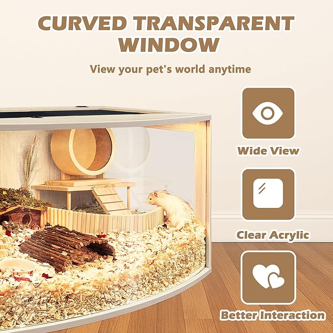 Prolee Hamster Cage Chew Proof Wood, Hamsters Enclosure Openable Top with Curved Design,Waterproof Small Animals Cage with Acrylic Sheets for Gerbils,Hamster Habitat(24 Inches)