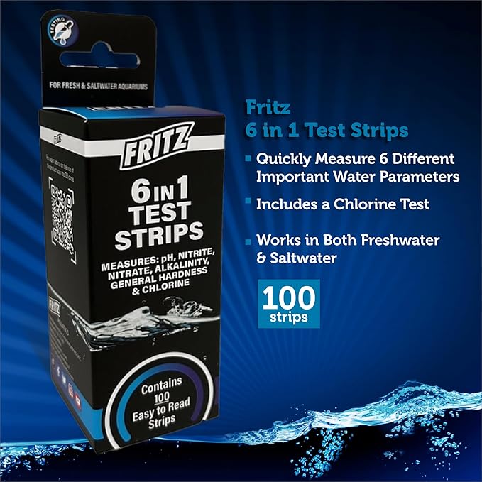Fritz 6 in 1 Aquarium Test Strips - Monitor Nitrates, Nitrites, Water Hardness, Chlorine, Alkalinity and pH Level - 100 Count