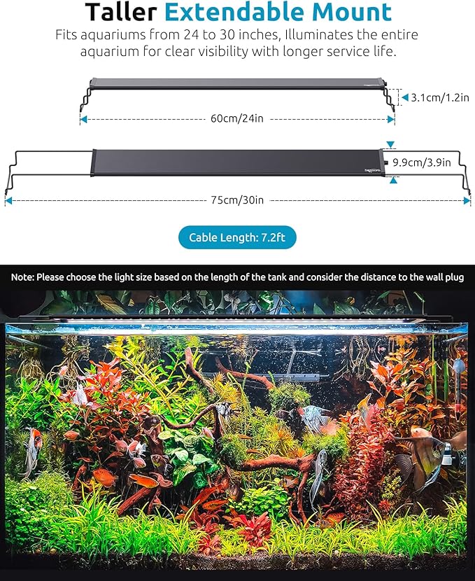 SEAOURA Aquarium Light for Fish Tank, 24/7 Custom Timer, Power-Off Memory, 7-Row LED 24-30in Full Spectrum Fish Tank Lights, 8 Colors, 20 Brightness, Day&Night Cycle, Adjustable Mount for Freshwater