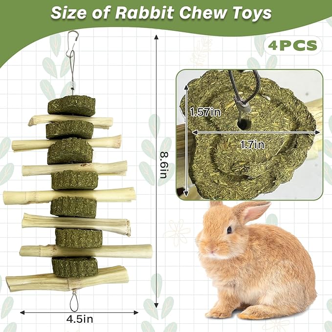 kathson Rabbit Treats Bunny Chew Toys for Teeth Grinding, Organic Bamboo Sticks Natural Guinea Pig Enrichment Toys for Small Animals Hamster Chinchilla 4 Pack