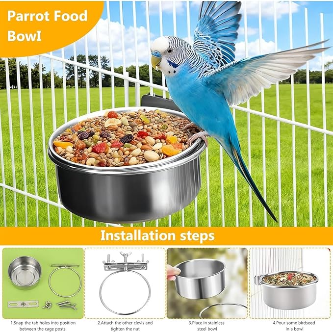 Stainless Steel Bowls for Birds, Bird Food Water Bowl, Bird Cage Water Food Bowl Coop Cup with Clamp Holder for Parrots Cockatiel Budgies Parakeet Lovebird