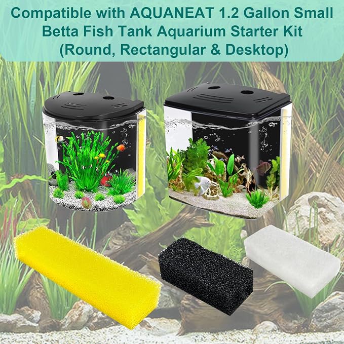 6-Pack Aquarium Filter Media Compatible with AQUANEAT 1.2 Gallon Small Betta Fish Tank Aquarium Starter Kit (Round, Rectangular & Desktop), Includes 4 Bio-Sponge Filters & 2 Foam Filters