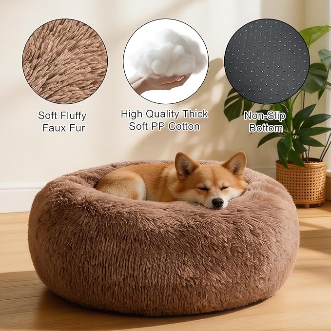 Dog Calming Beds for Small Medium Large Dogs - Round Donut Washable Puppy Dog Bed, Anti-Slip Faux Fur Fluffy Donut Cuddle Anxiety Cat Pet Bed(20'' Khaki
