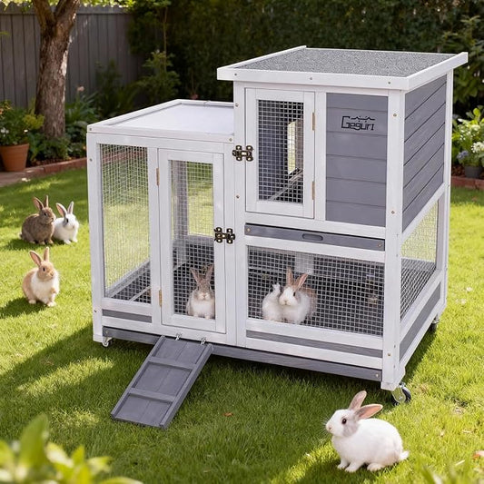 GEGURI Rabbit Hutch, Two-Story Indoor Bunny Cage, Outdoor Guinea Pig Cages for Small Animals with Wheels, Removable Tray