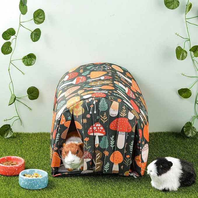 IBWell Guinea Pig Hideout Tunnel with Curtains Cute Mushroom Bunny Hideaway for Cage Accessories Washable Soft Hedgehog Hides and Houses