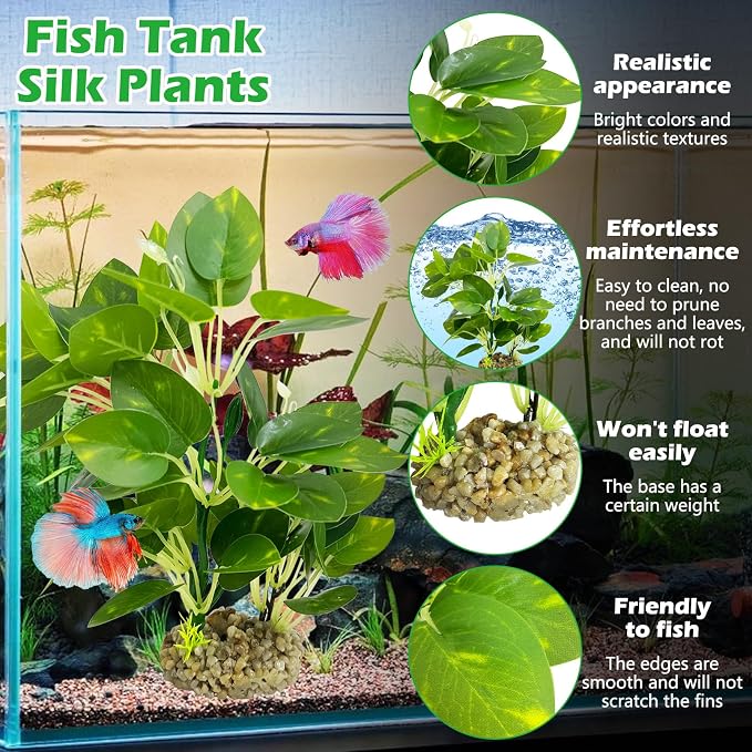 Hamiledyi Silk Aquarium Plants 8.7" Tall Artificial Green Plants for Fish Tank Aquarium Fake Aquatic Plant Lifelike Water Grass Ornament for Fish Tank(2PCS,Style A)