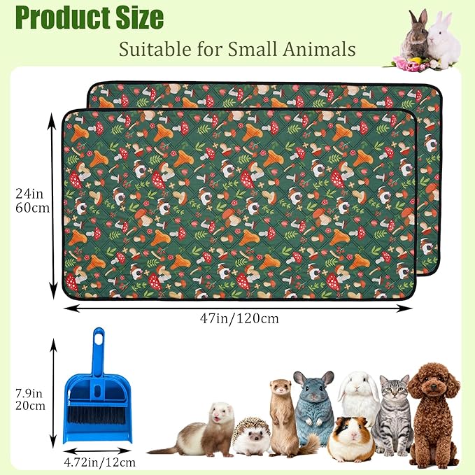 2 Pcs Guinea Pig Cage Liners 47 x 24 Washable Cage Pads Rabbit Bedding Reusable Absorbent Pee Pads for Small Animals Bunny Ferret Chinchilla Hamster (Green, 47×24'')