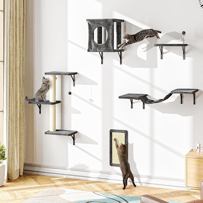 10-in-1 Cat Wall Shelves, Wooden Cat Climbing Wall with Scratching Post, Cat Wall Mounted Furniture for Climbers, Space-Saving Cat Wall for Play & Rest, Drywall & Solid Walls