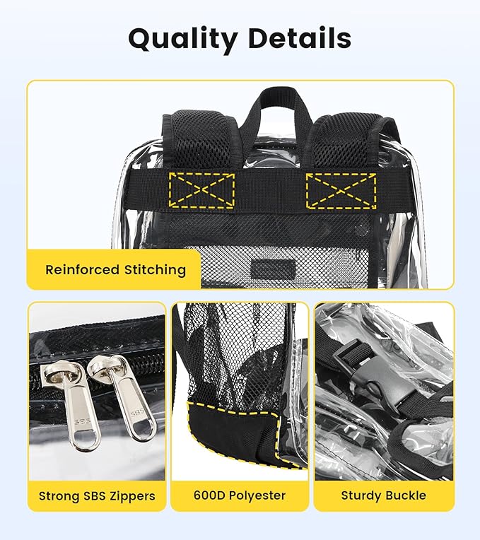 Vorspack Clear Backpack for School - Heavy Duty Transparent Bookbag for Girls Boys Large See Through backpacks for Work, College, Travel - Black