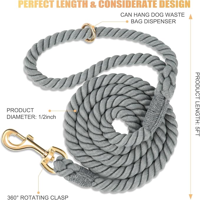 Dog Leash 5 FT Handmade Braided Cotton Rope Leashes for Small Medium and Large Dogs, New Golden Heavy Duty Metal Clasp, Grey