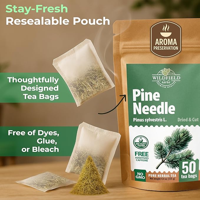 50 Bags Pine Needle Tea Dried Pine Needles Herb Tea (Pinus Koraiensis) - 50 Count 2.5g Bags Dried Needle Leaf Aguja De Pino