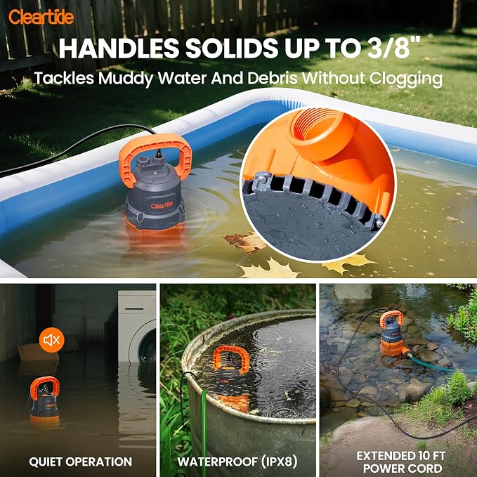 1 HP Submersible Utility Water Pump, 4500 GPH Sump Pump, Portable Plug and Work for Pond, Garden Watering, Pool or Hot Tub Water Transfer