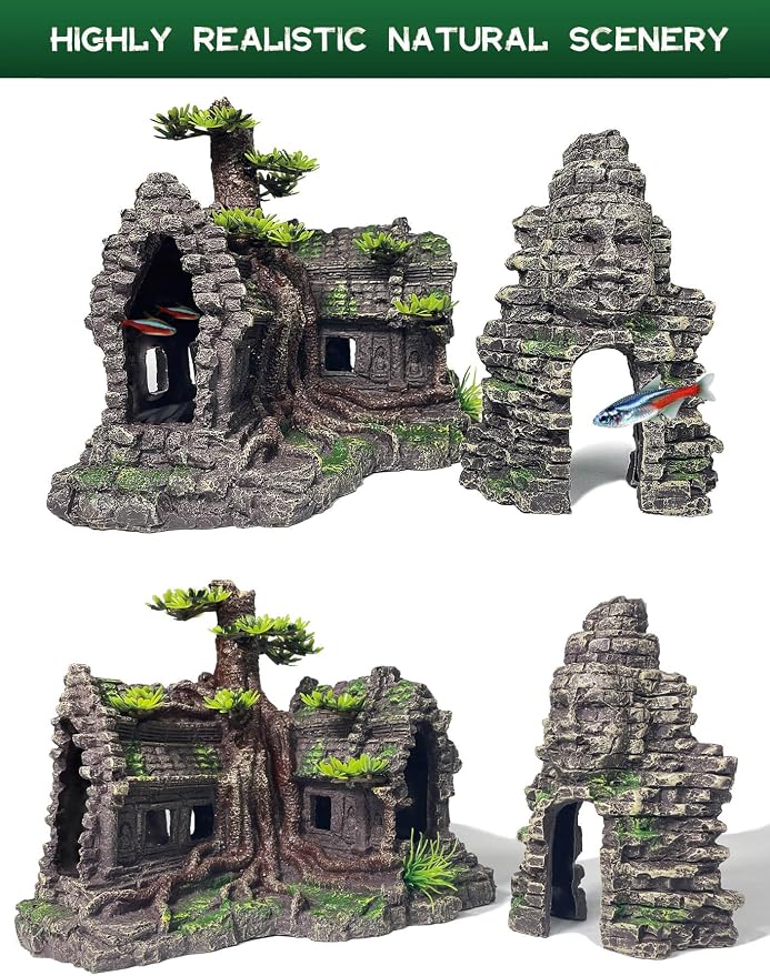 Aquarium Decor - Large Fish House Ornament for Fish Tank, Aquarium Hideout with House Texture for Betta, Guppy, Shrimp - Aquatic Hide Decoration, Fish Hiding House（Tree House）