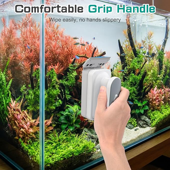 AQQA Aquarium Magnetic Glass Cleaner, Fish Tank Glass Scrubber Algae Scraper Comfortable Grip Handle with Dual Blades, Double Side Magnetic Brush for up to 0.63'' Thick Glass/Acrylic Aquariums (Large)